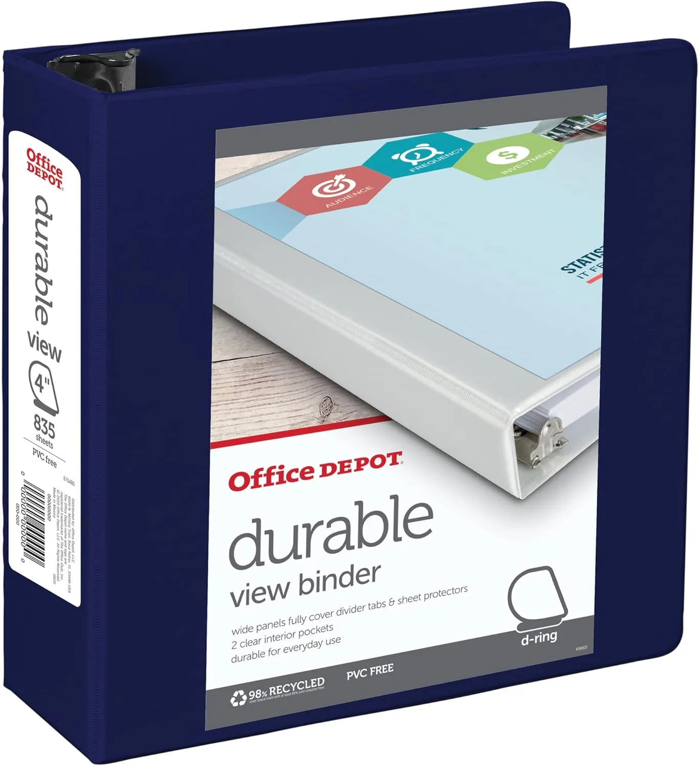 Office Depot® Brand Durable D-Ring View Binder, 4" Rings, 60% Recycled, Blue