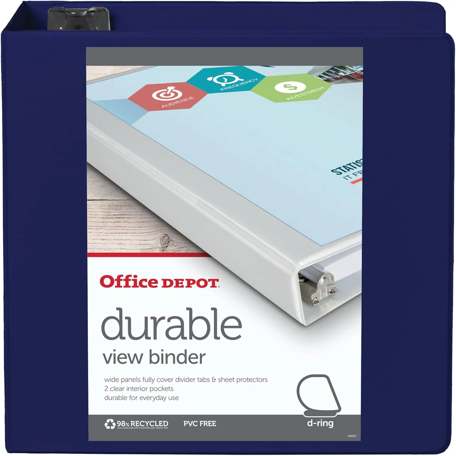 Office Depot® Brand Durable D-Ring View Binder, 4" Rings, 60% Recycled, Blue