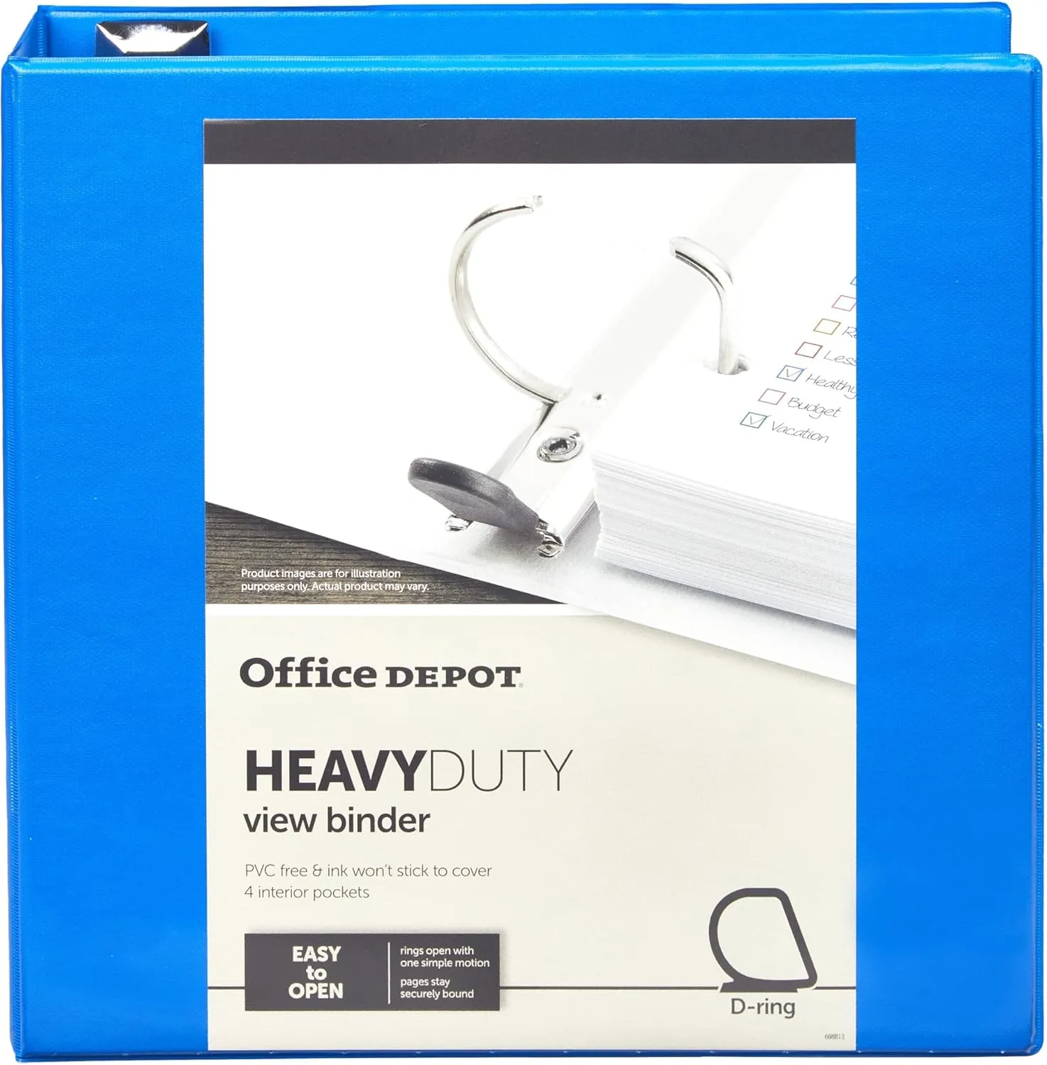 Office Depot Brand Heavy-Duty Easy Open D-Ring View Binder, 4in Rings, 54% Recycled, Blue