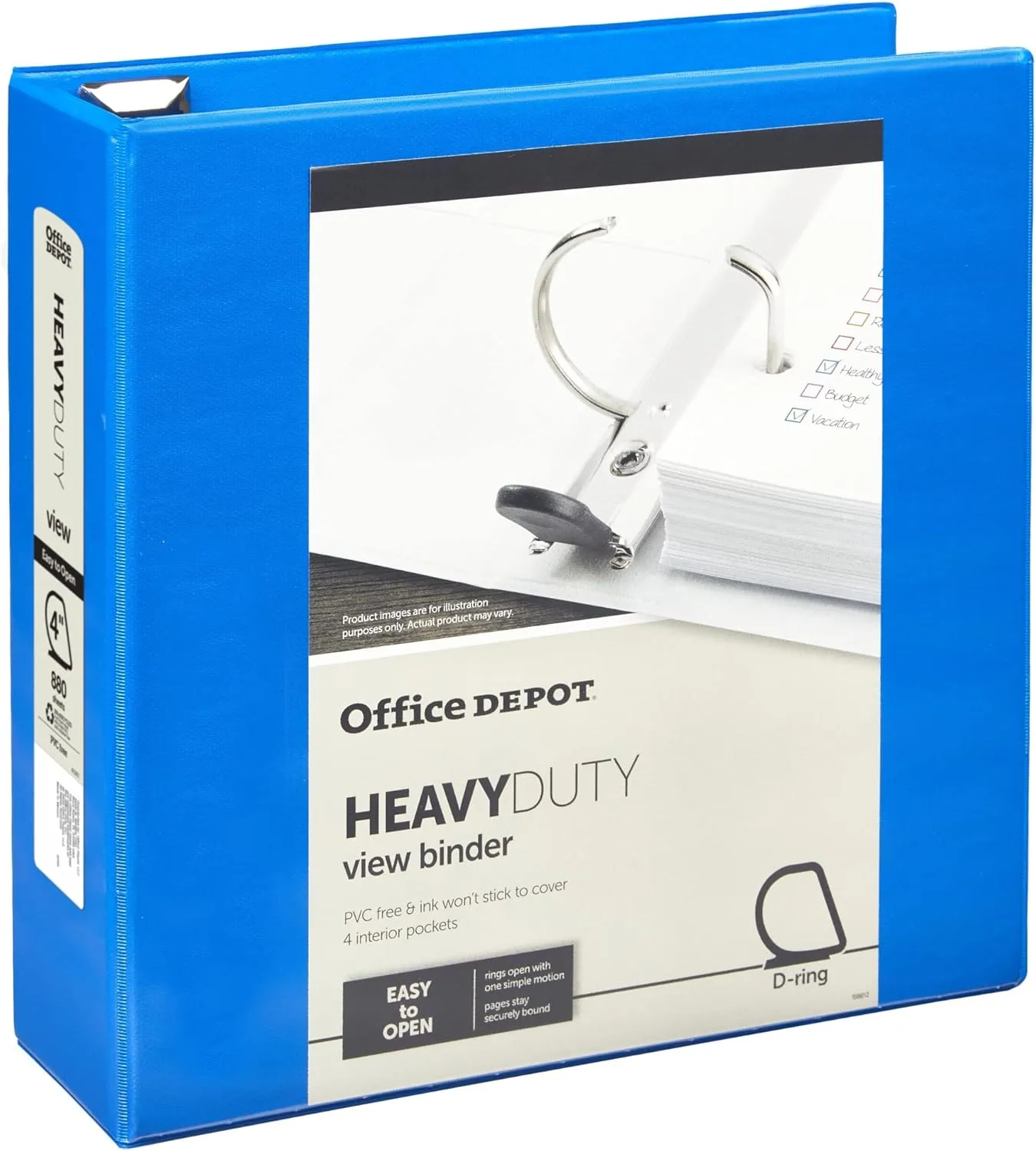 Office Depot Brand Heavy-Duty Easy Open D-Ring View Binder, 4in Rings, 54% Recycled, Blue