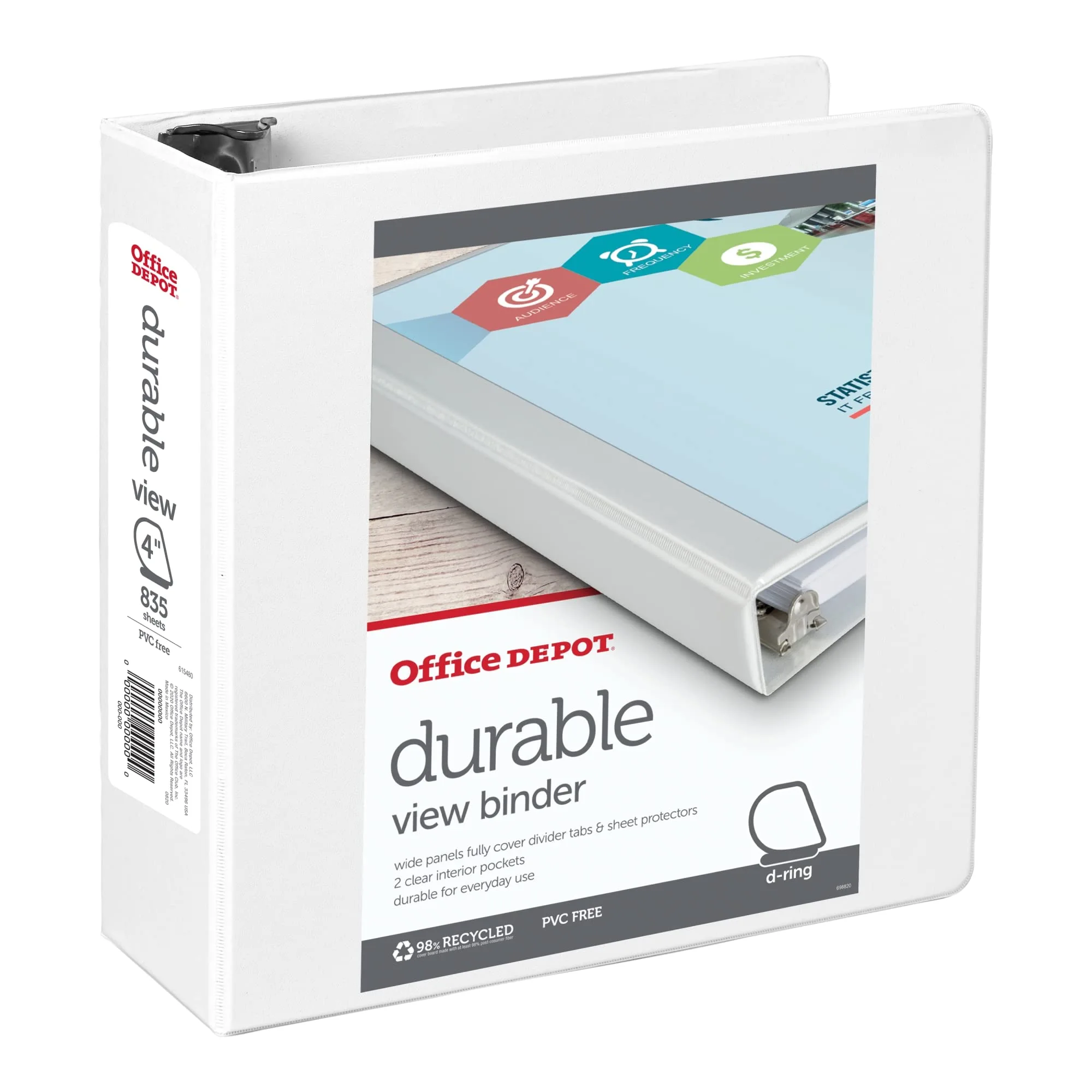 Office Depot Brand Durable View D-Ring Binder, 4in Rings, 59% Recycled, White