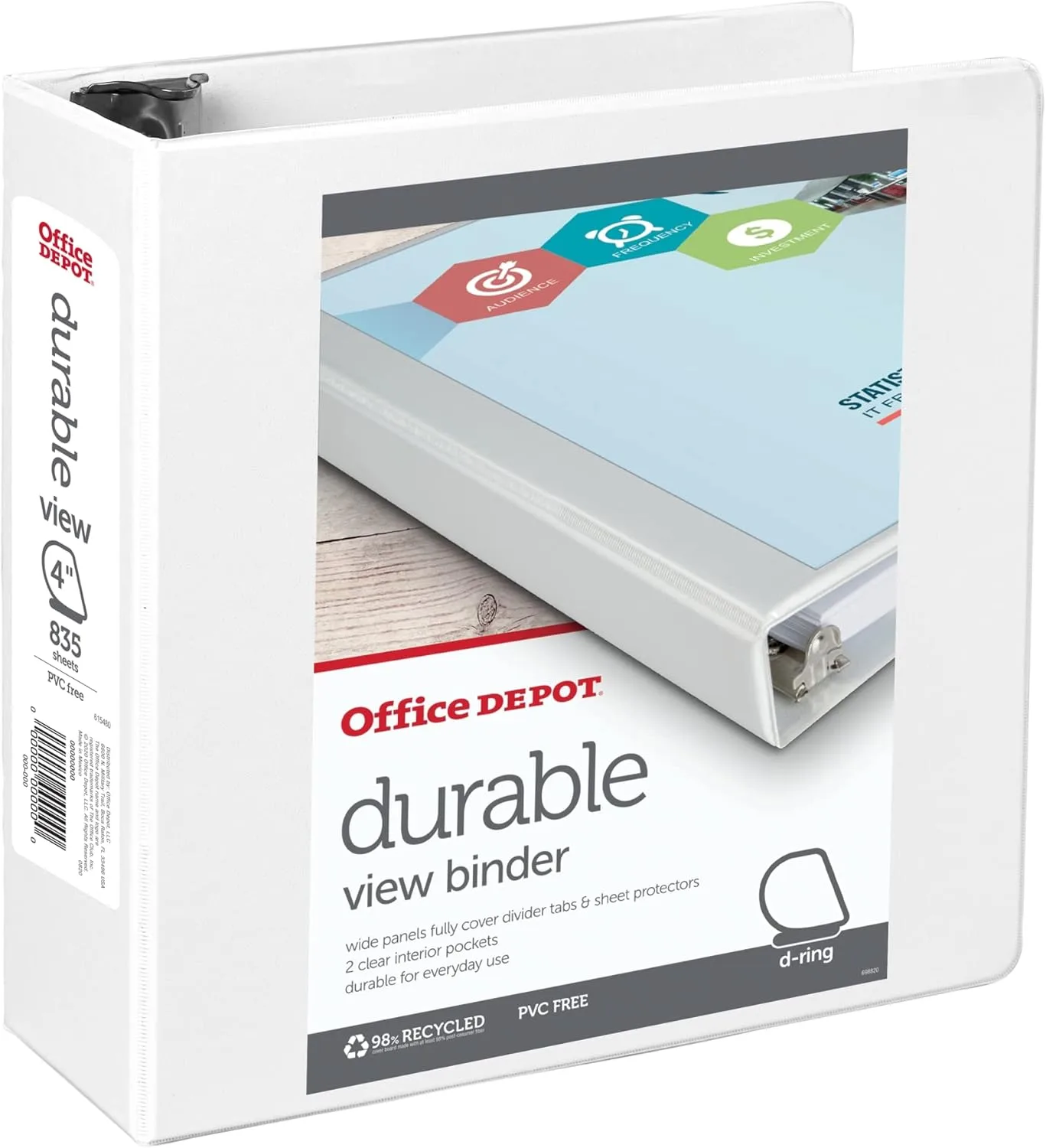 Office Depot Brand Durable View D-Ring Binder, 4in Rings, 59% Recycled, White