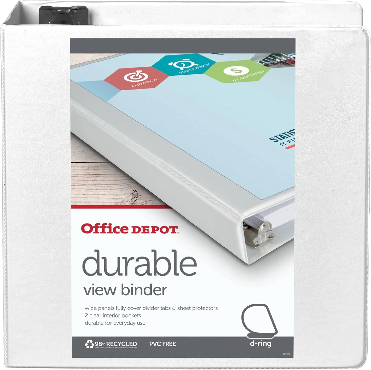 Office Depot Brand Durable View D-Ring Binder, 4in Rings, 59% Recycled, White