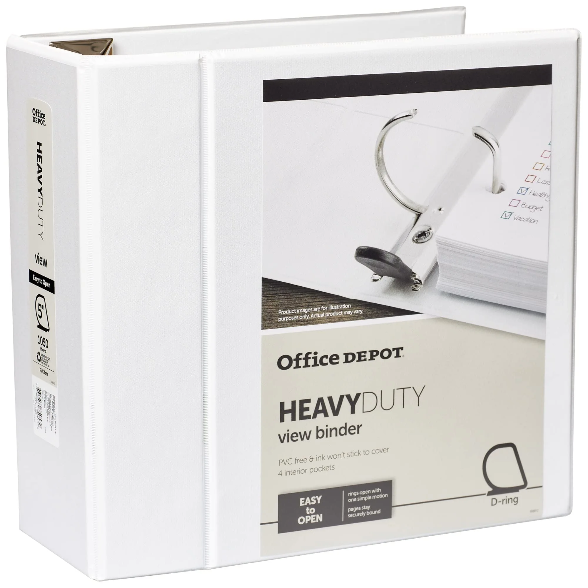 Office Depot Brand Heavy-Duty D-Ring View Binder, 5" Rings, 54% Recycled, White