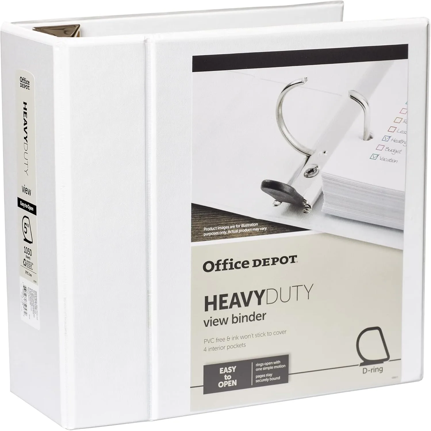 Office Depot Brand Heavy-Duty D-Ring View Binder, 5" Rings, 54% Recycled, White