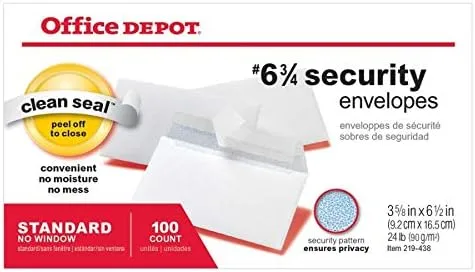 Office Depot Clean Seal(TM) Security Envelopes, #6 3/4 (3 5/8in. x 6 1/2in.), White, Box Of 100, 78185