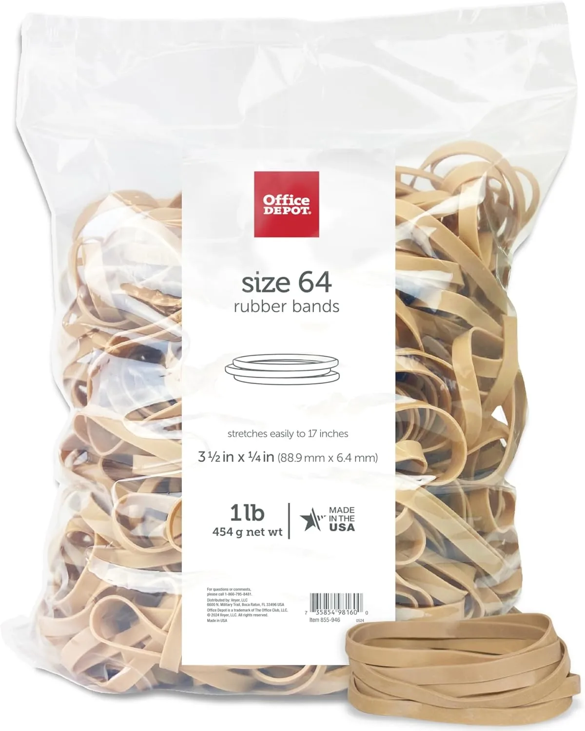 Office Depot - Rubber Bands - Rubber Bands, #64, 1 lb Bag - Rubber Bands in 1 lb Bags - Size 3-1/2" x 1/4" x 3-1/2" x 1/4"