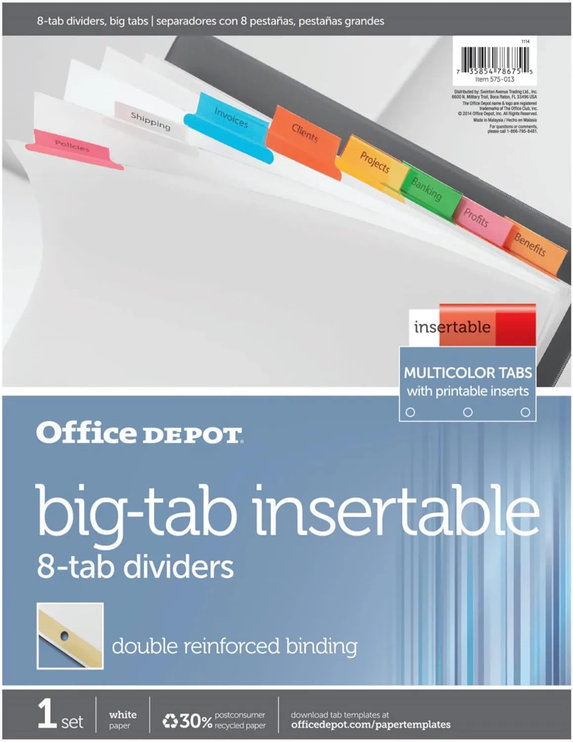 Office Depot Insertable Dividers With Big Tabs, White, Assorted Colors, 8-Tab, OD14791