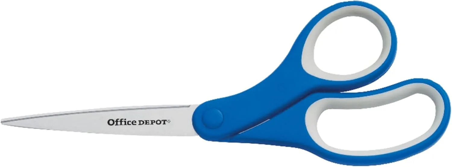 Office Depot Brand Soft Handle Stainless-Steel Scissors, 8in, Bent, Blue/Gray