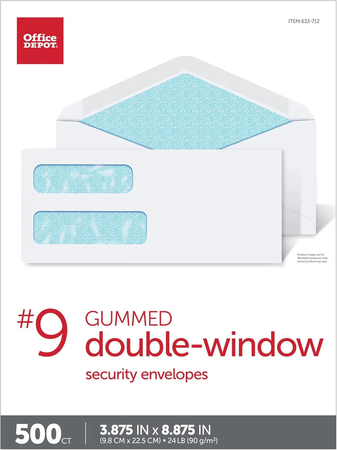 Office Depot Double-Window Envelopes, #9 (3 7/8in x 8 7/8in), White, Box of 500
