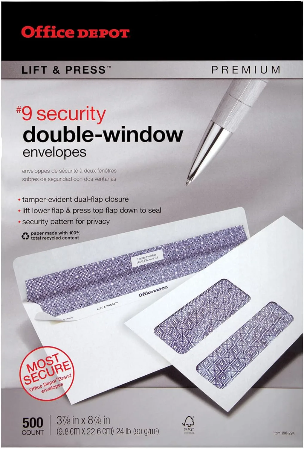 Office Depot 100% Recycled Lift Press Double-Window Envelopes, #9, White, Pack of 500