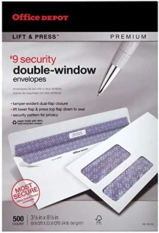 Office Depot 100% Recycled Lift Press Double-Window Envelopes, #9, White, Pack of 500