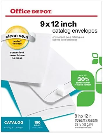 Office Depot Clean Seal(TM) Catalog Envelopes, 9in. x 12in., 30% Recycled, White, Pack Of 100, 77920