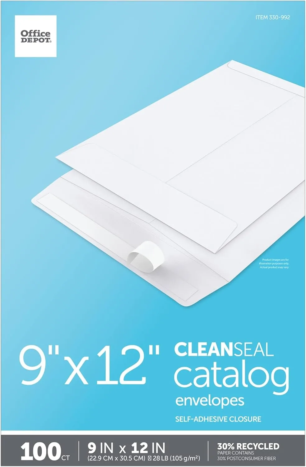 Office Depot Clean Seal(TM) Catalog Envelopes, 9in. x 12in., 30% Recycled, White, Pack Of 100, 77920