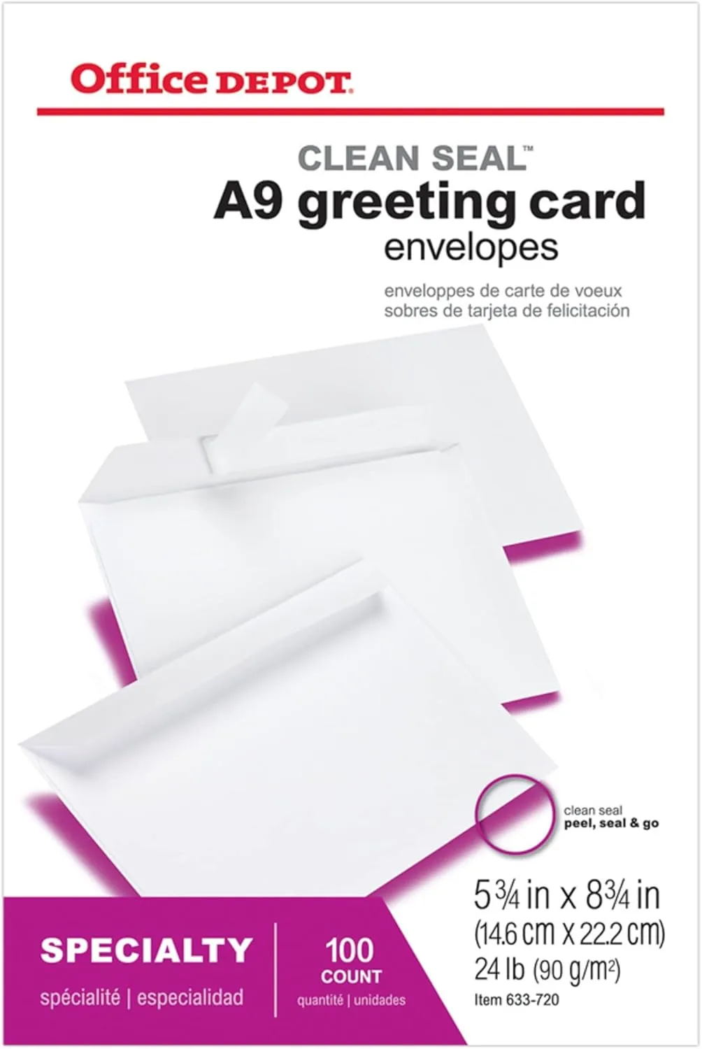 Office Depot Clean Seal(TM) Invitation Envelopes, 5 3/4in. x 8 3/4in., White, Box Of 100, 12030