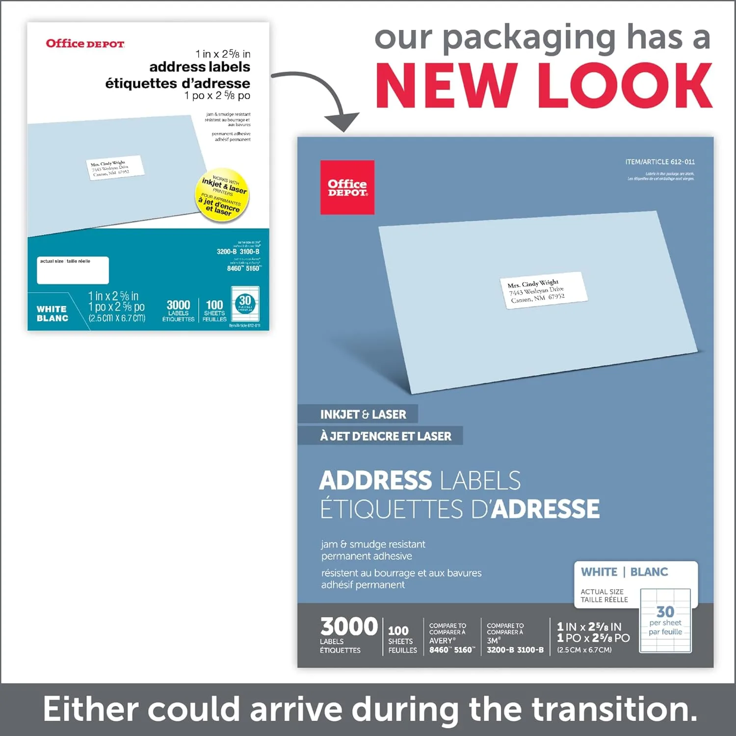 Office Depot White Inkjet/Laser Address Labels, 1in. x 2 5/8in., Box of 3,000, 505-O004-0004