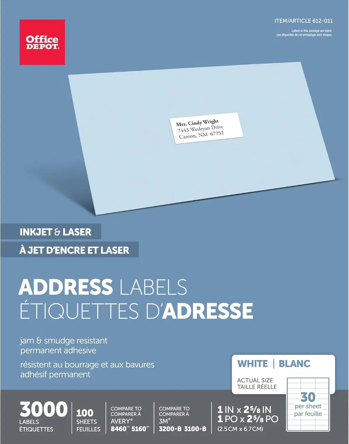 Office Depot White Inkjet/Laser Address Labels, 1in. x 2 5/8in., Box of 3,000, 505-O004-0004