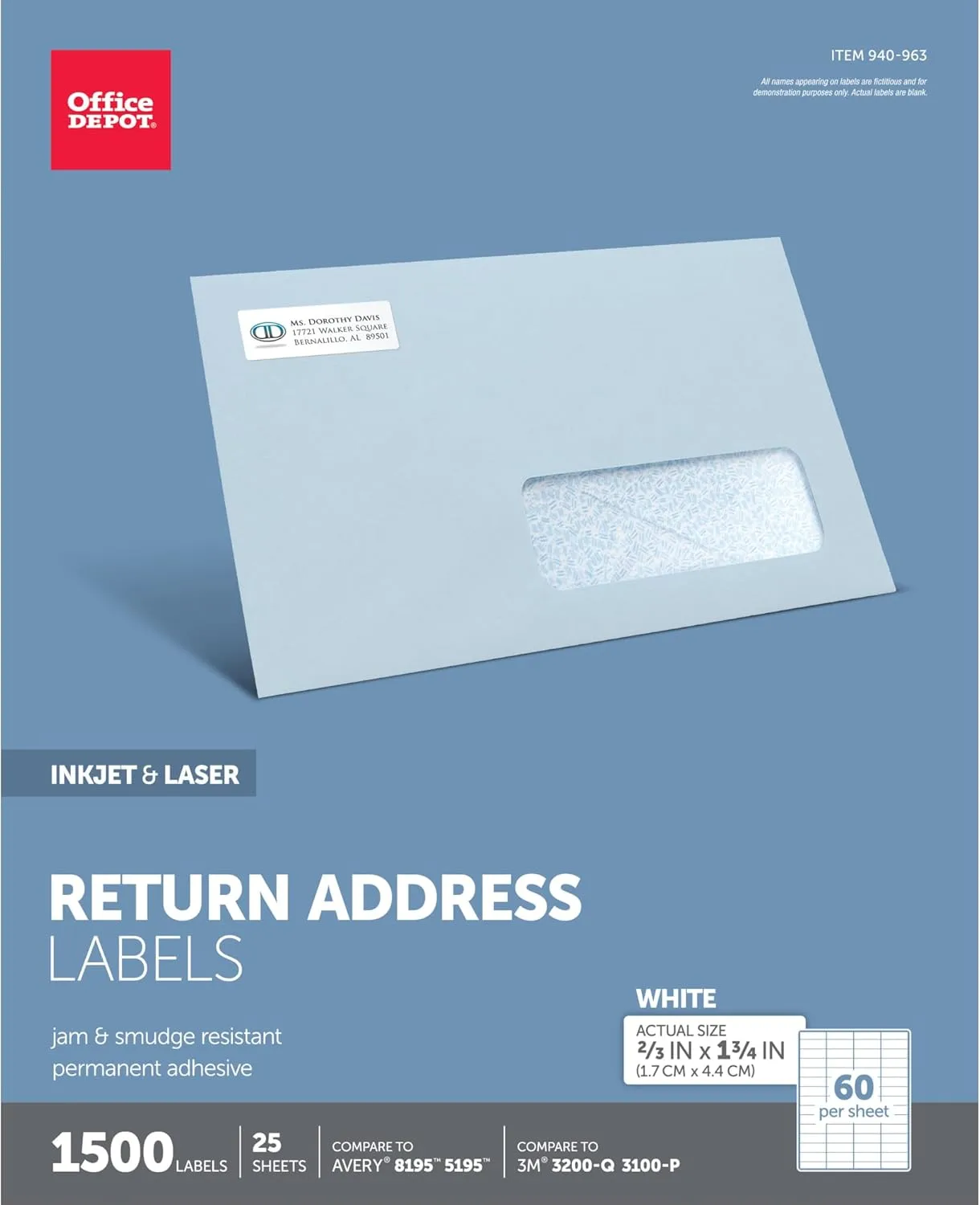 Office Depot White Inkjet/Laser Return Address Labels, 2/3in. x 1 3/4in., Pack of 1,500, 505-O004-0015