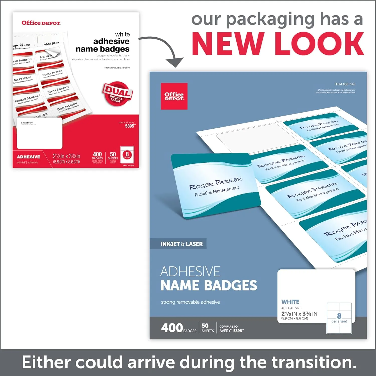 Office Depot Brand Adhesive Name Badges, 2-1/3in x 3-3/8in, White, Pack Of 400