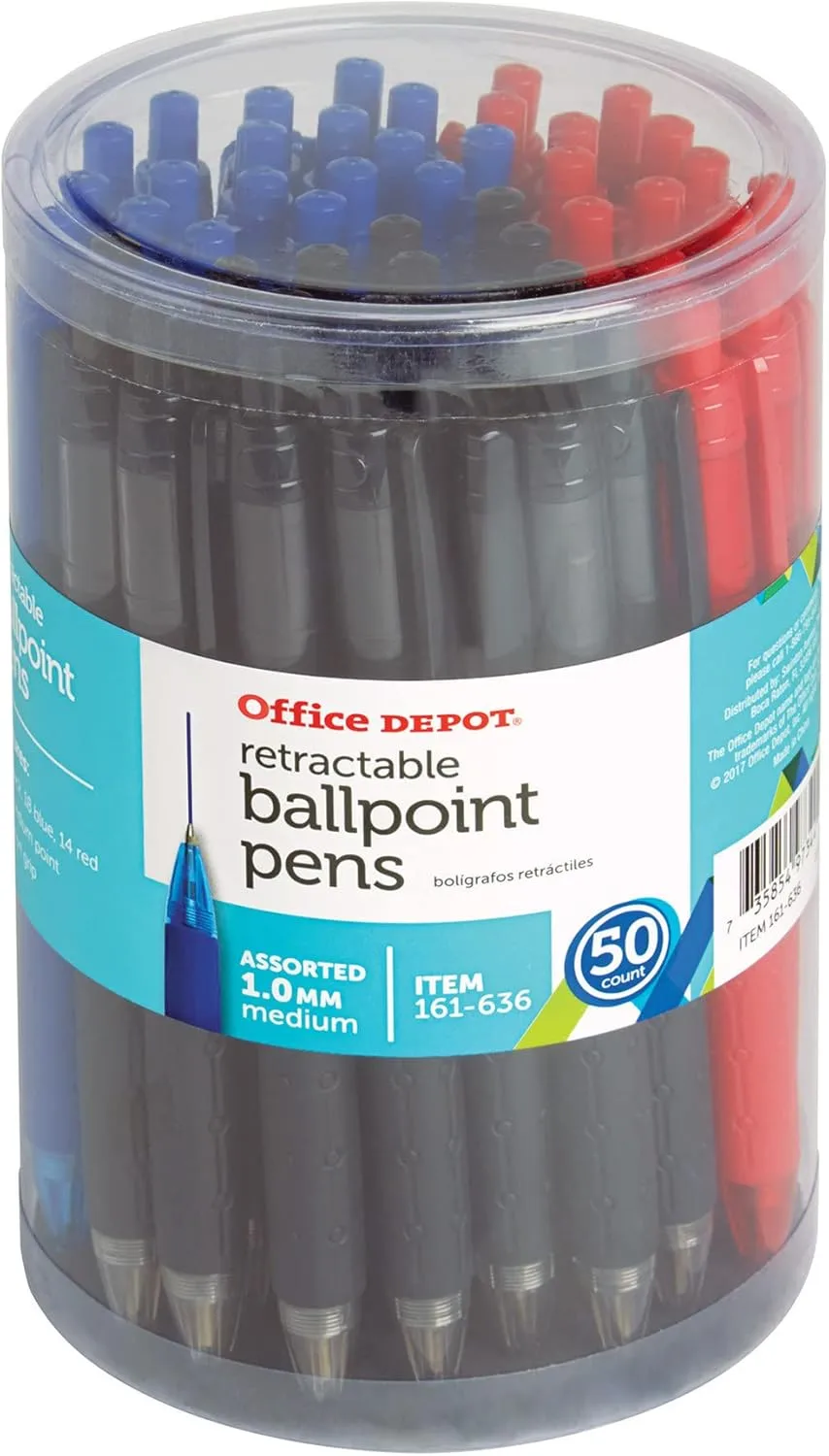 Office Depot® Retractable Ballpoint Pens With Grips, Medium Point, 1.0 mm, Black/Blue/Red Barrels, Black/Blue/Red Inks, Pack Of 50