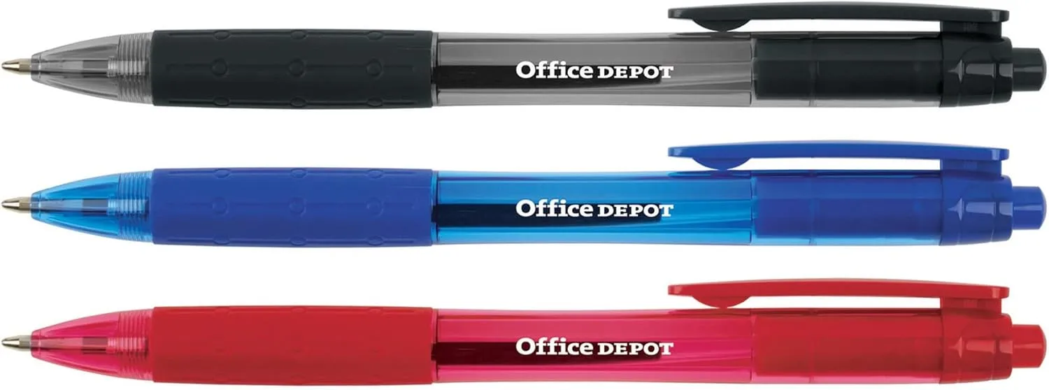 Office Depot® Retractable Ballpoint Pens With Grips, Medium Point, 1.0 mm, Black/Blue/Red Barrels, Black/Blue/Red Inks, Pack Of 50