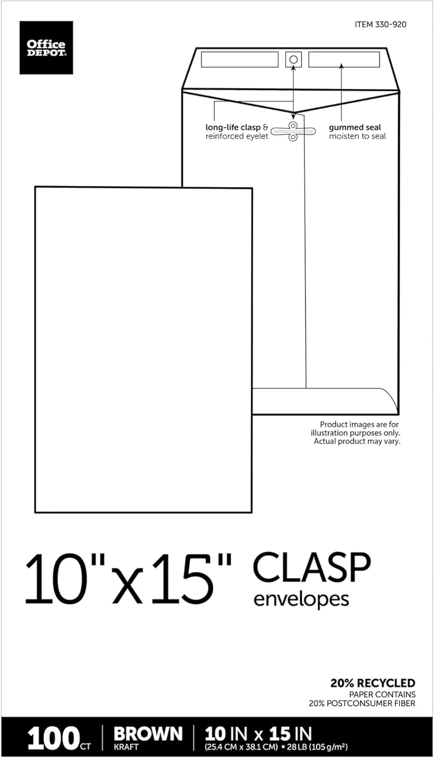 Office Depot Brand Clasp Envelopes, 10 x 15 Inches, Brown, Box of 100