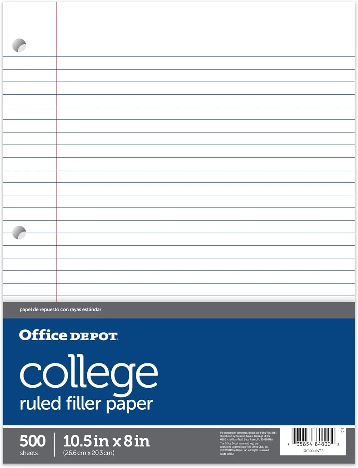 Office Depot® Brand Notebook Filler Paper, College Ruled, 8" x 10 1/2", White, Pack Of 500 Sheets