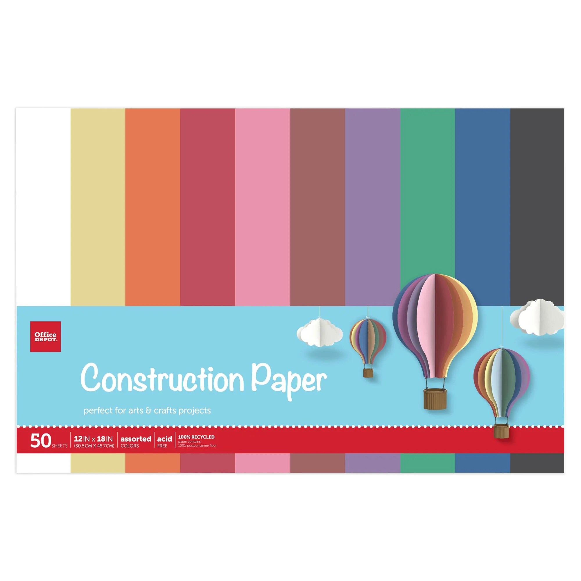 Office Depot Brand Construction Paper, 12" x 18", 100% Recycled, Assorted Colors, Pack Of 50 Sheets