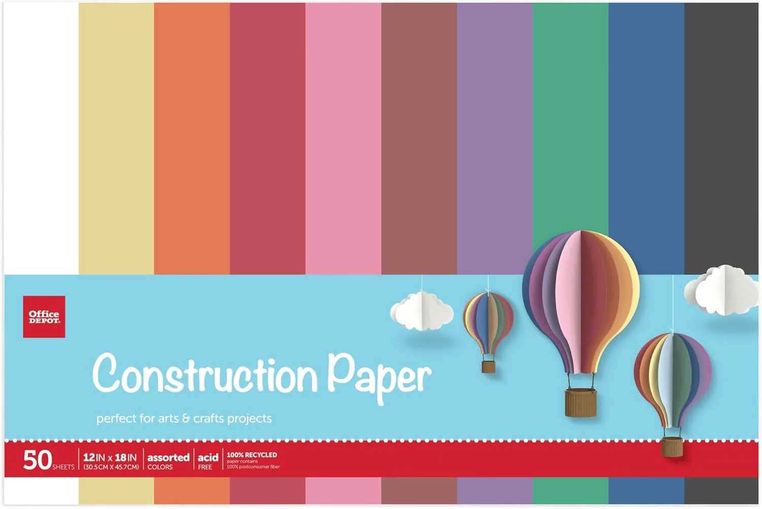 Office Depot Brand Construction Paper, 12" x 18", 100% Recycled, Assorted Colors, Pack Of 50 Sheets
