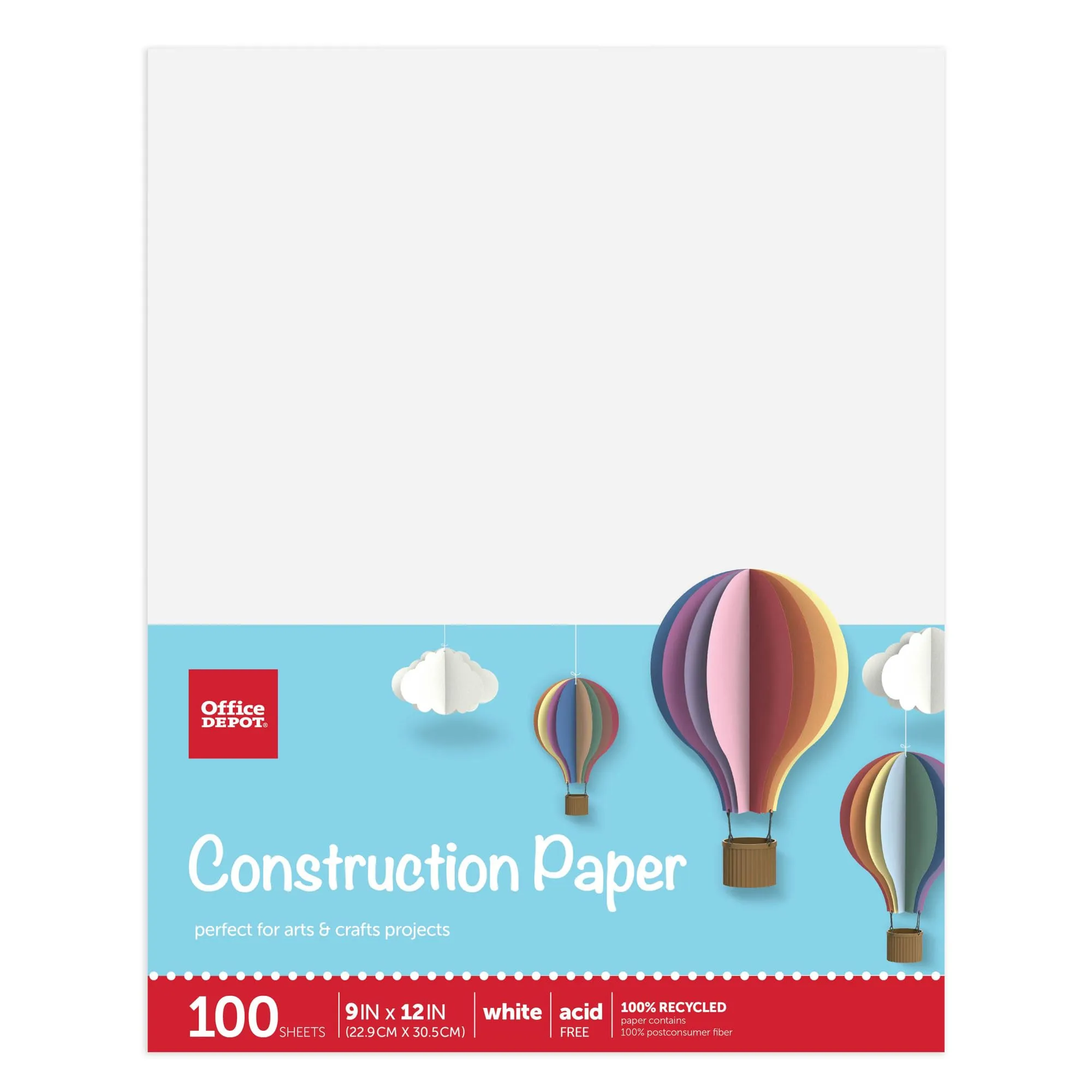 Office Depot® Brand Construction Paper, 9" x 12", 100% Recycled, White, Pack Of 100 Sheets