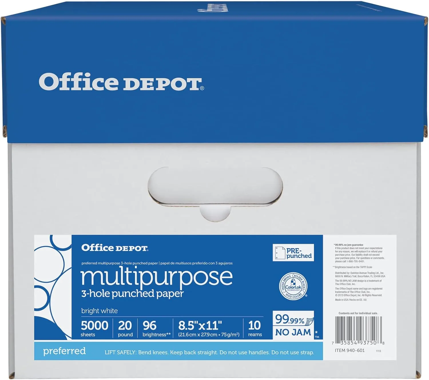 Office Depot 3-Hole Punched Multi-Use Printer & Copy Paper, 10 Reams, White, Letter (8.5in x 11in), 5000 Sheets Per Case, 20 Lb, 96 Brightness