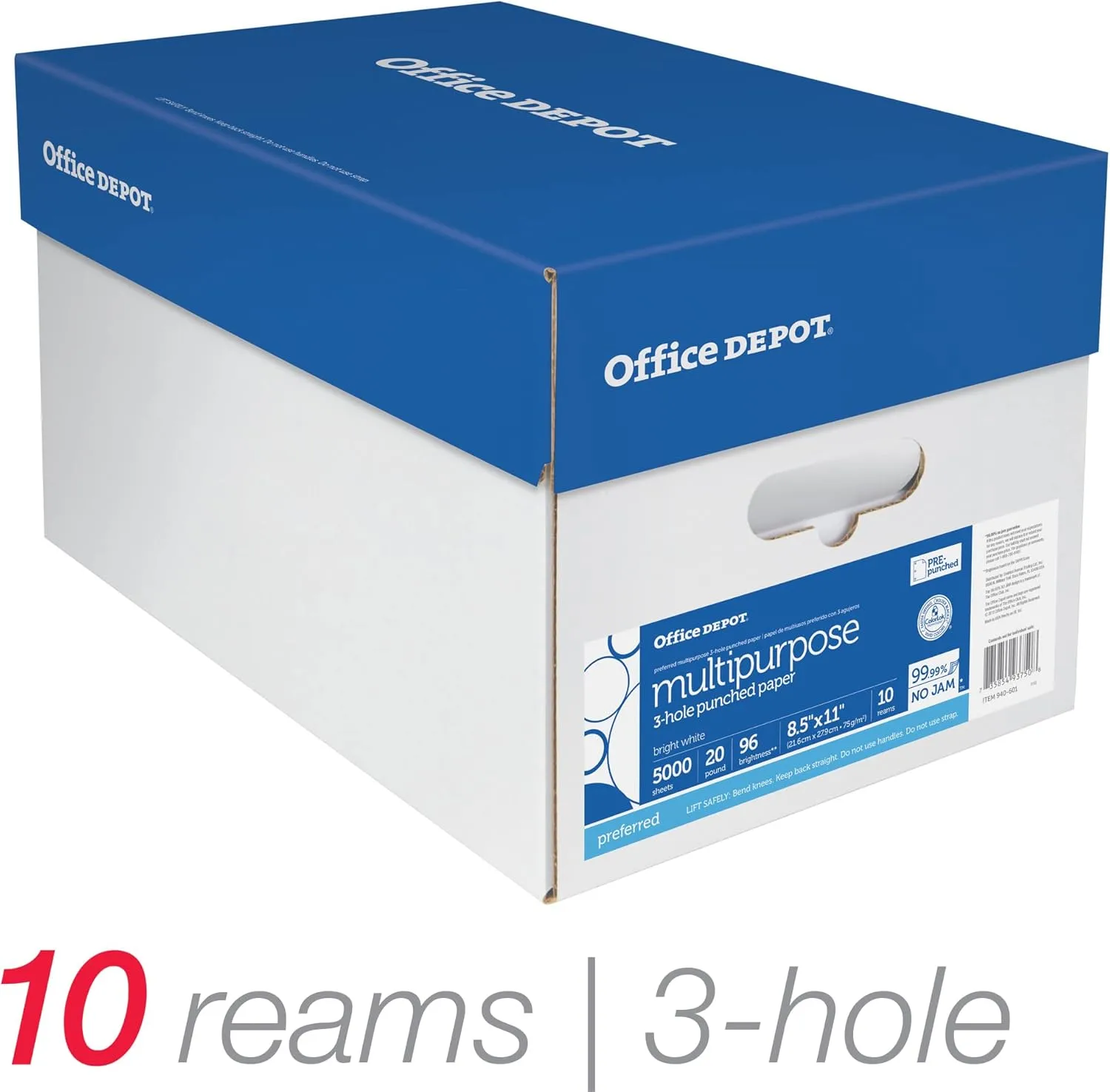 Office Depot 3-Hole Punched Multi-Use Printer & Copy Paper, 10 Reams, White, Letter (8.5in x 11in), 5000 Sheets Per Case, 20 Lb, 96 Brightness