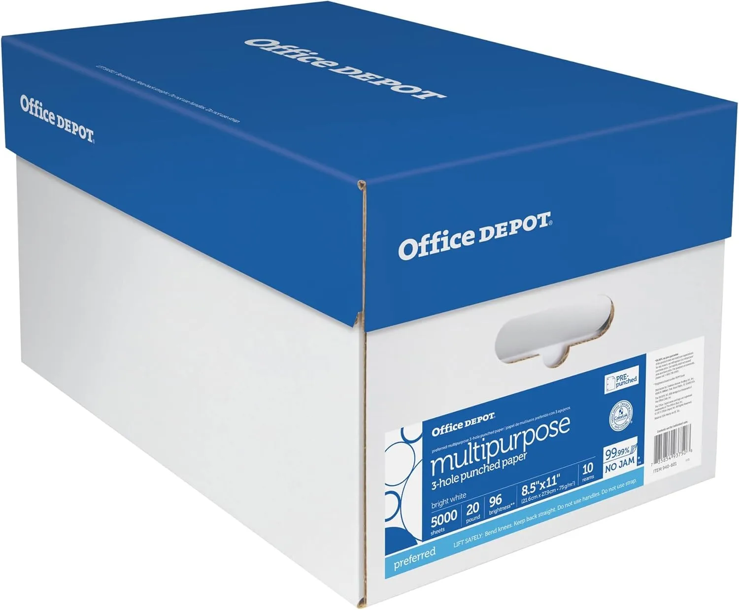 Office Depot 3-Hole Punched Multi-Use Printer & Copy Paper, 10 Reams, White, Letter (8.5in x 11in), 5000 Sheets Per Case, 20 Lb, 96 Brightness