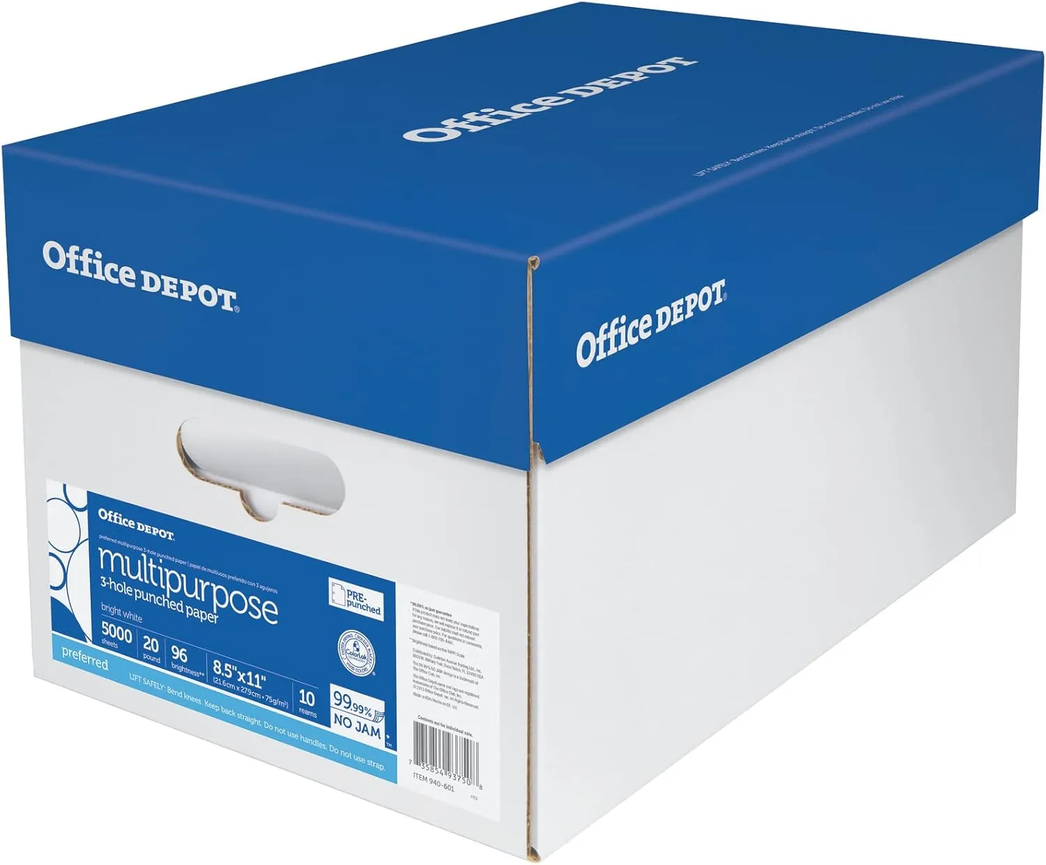 Office Depot 3-Hole Punched Multi-Use Printer & Copy Paper, 10 Reams, White, Letter (8.5in x 11in), 5000 Sheets Per Case, 20 Lb, 96 Brightness