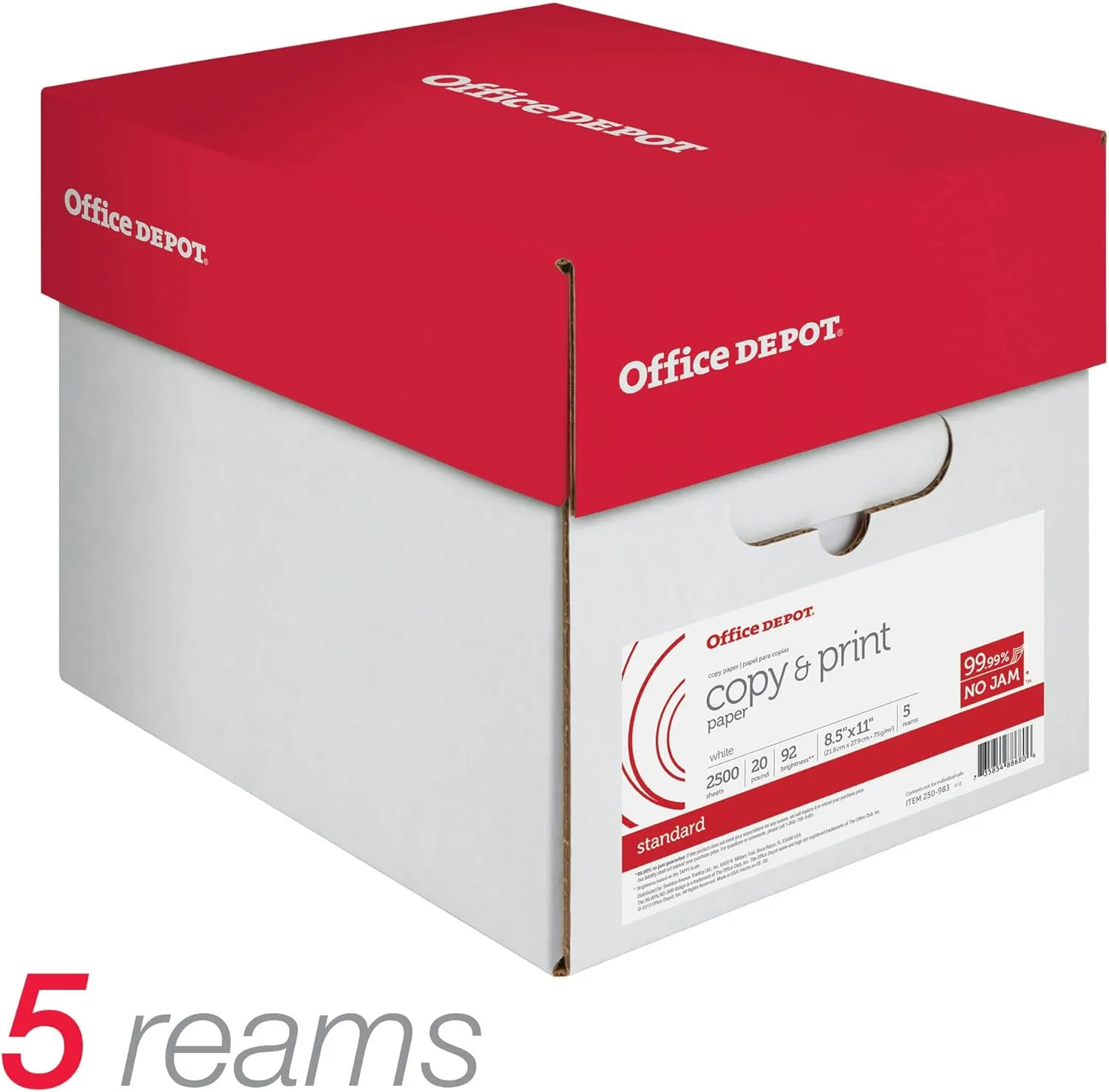 Office Depot Multi-Use Printer & Copy Paper, 5 Reams, White, Letter (8.5in x 11in), 2500 Sheets Per Case, 20 Lb