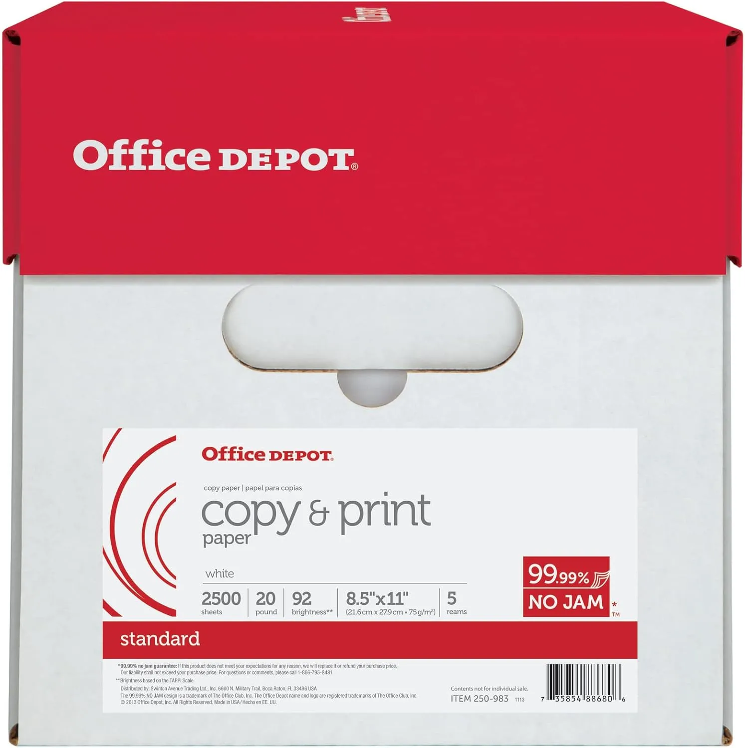 Office Depot Multi-Use Printer & Copy Paper, 5 Reams, White, Letter (8.5in x 11in), 2500 Sheets Per Case, 20 Lb