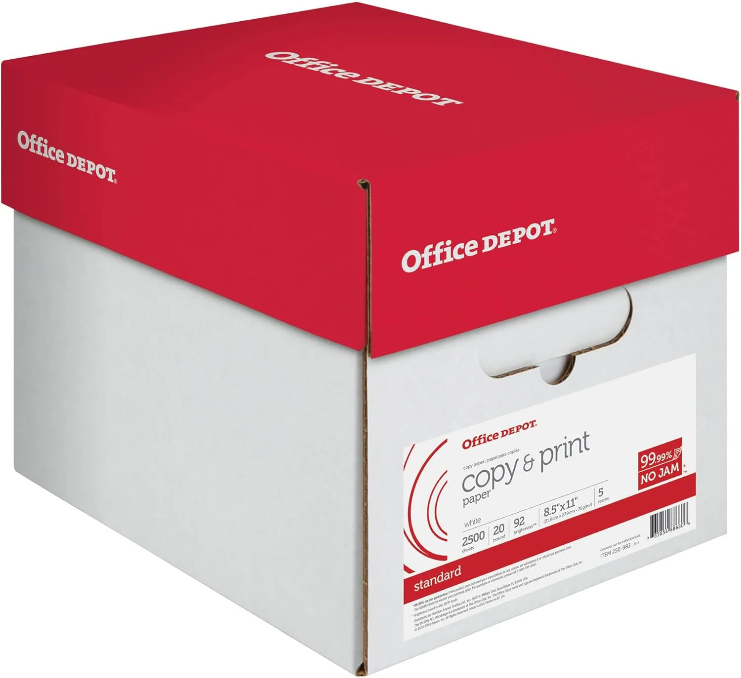 Office Depot Multi-Use Printer & Copy Paper, 5 Reams, White, Letter (8.5in x 11in), 2500 Sheets Per Case, 20 Lb
