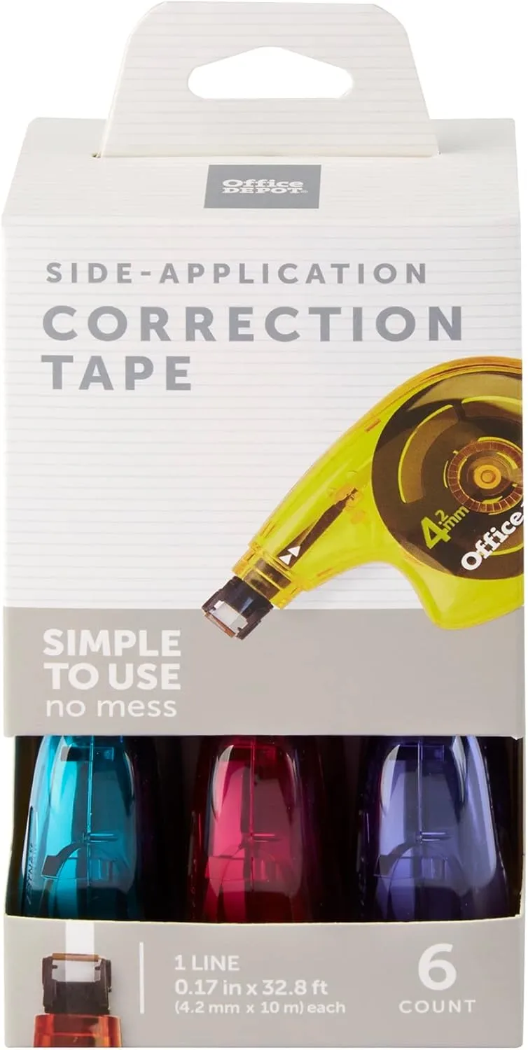 Office Depot Side-Application Correction Tape, 1 Line x 394in., Assorted Colors, Pack Of 6, 10847