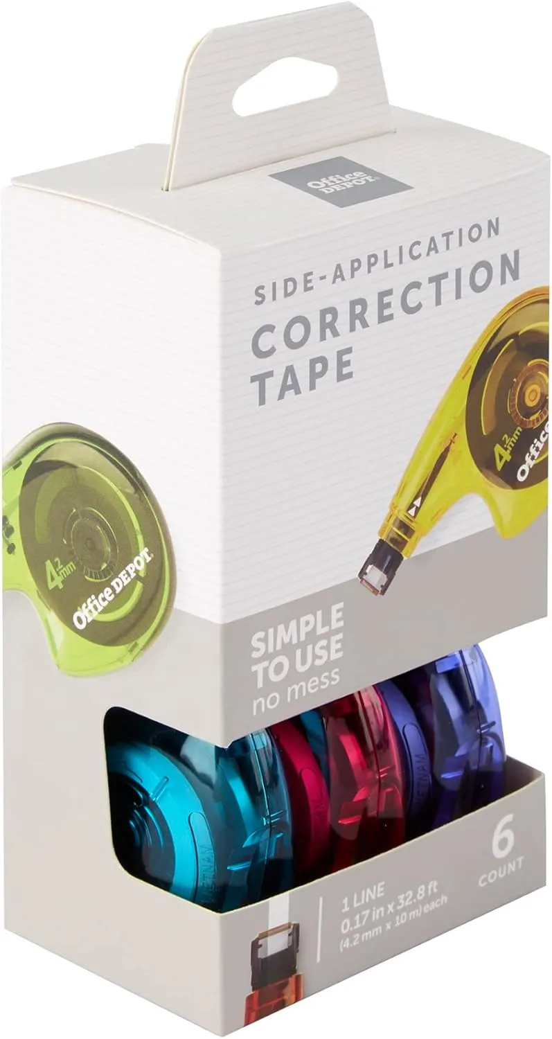 Office Depot Side-Application Correction Tape, 1 Line x 394in., Assorted Colors, Pack Of 6, 10847