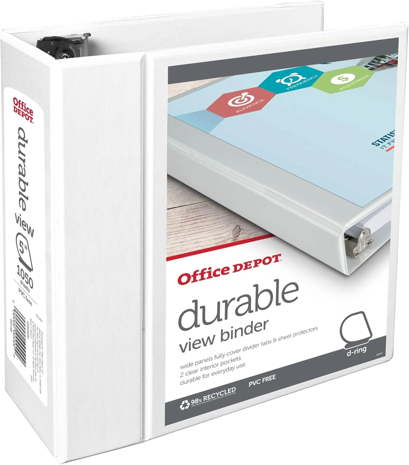 Office Depot® Brand Durable View D-Ring Binder, 5" Rings, 39% Recycled, White