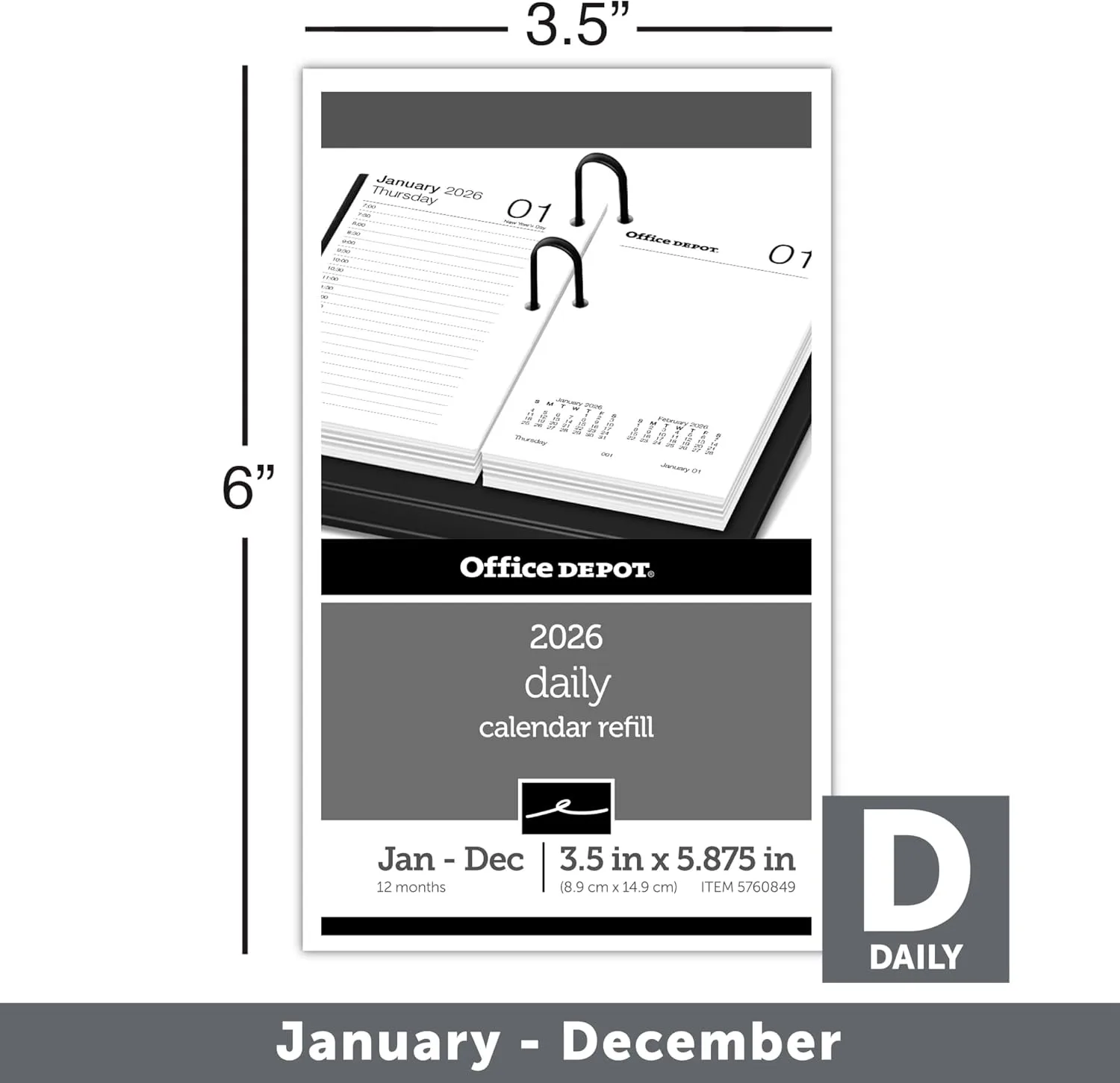 Office Depot Brand Daily Desk Calendar Refill, 3 1/2" x 6", White, January 2026 to December 2026, SP717D5026