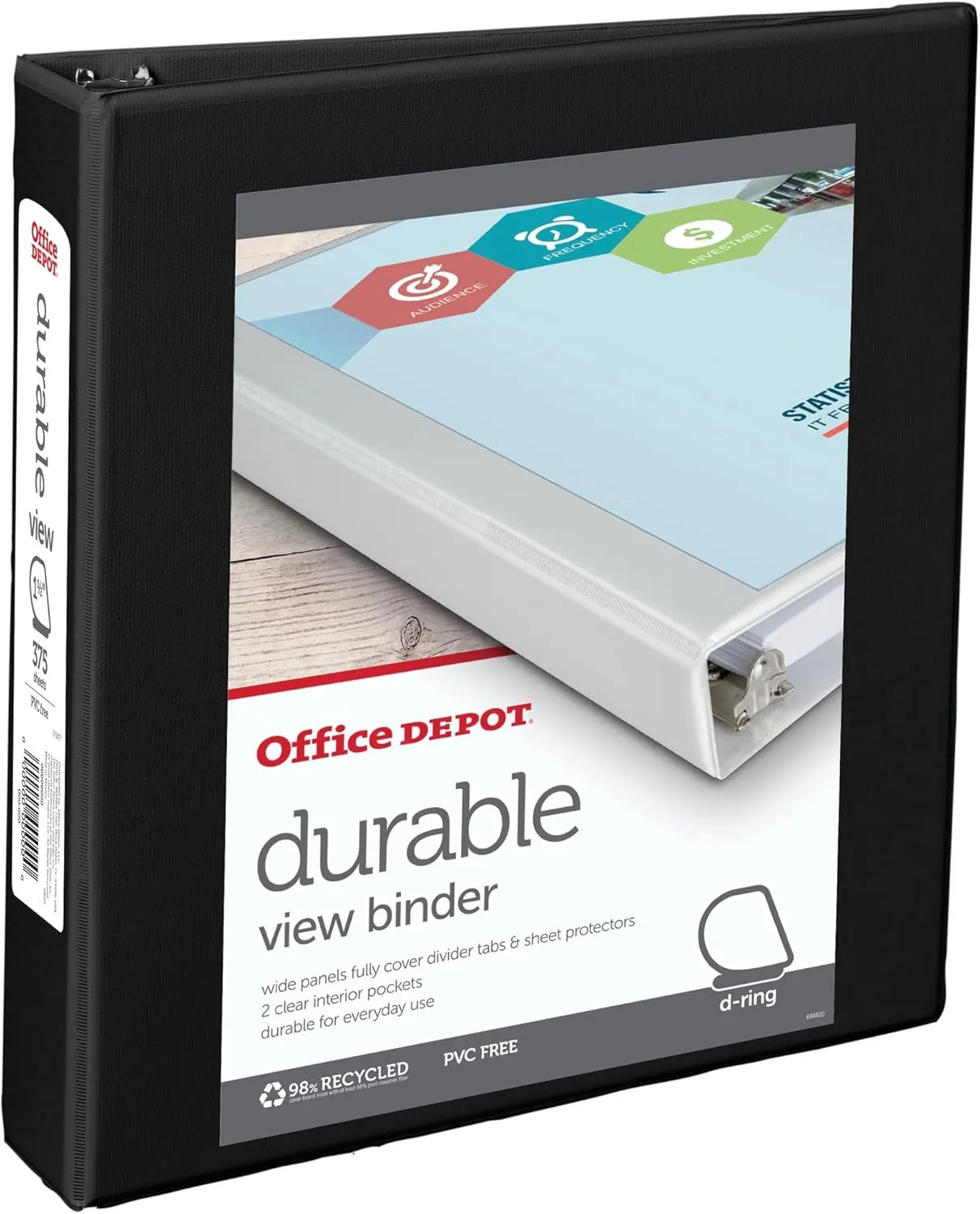 Office Depot® Brand Durable View D-Ring Binder, 1 1/2" Rings, 39% Recycled, Black