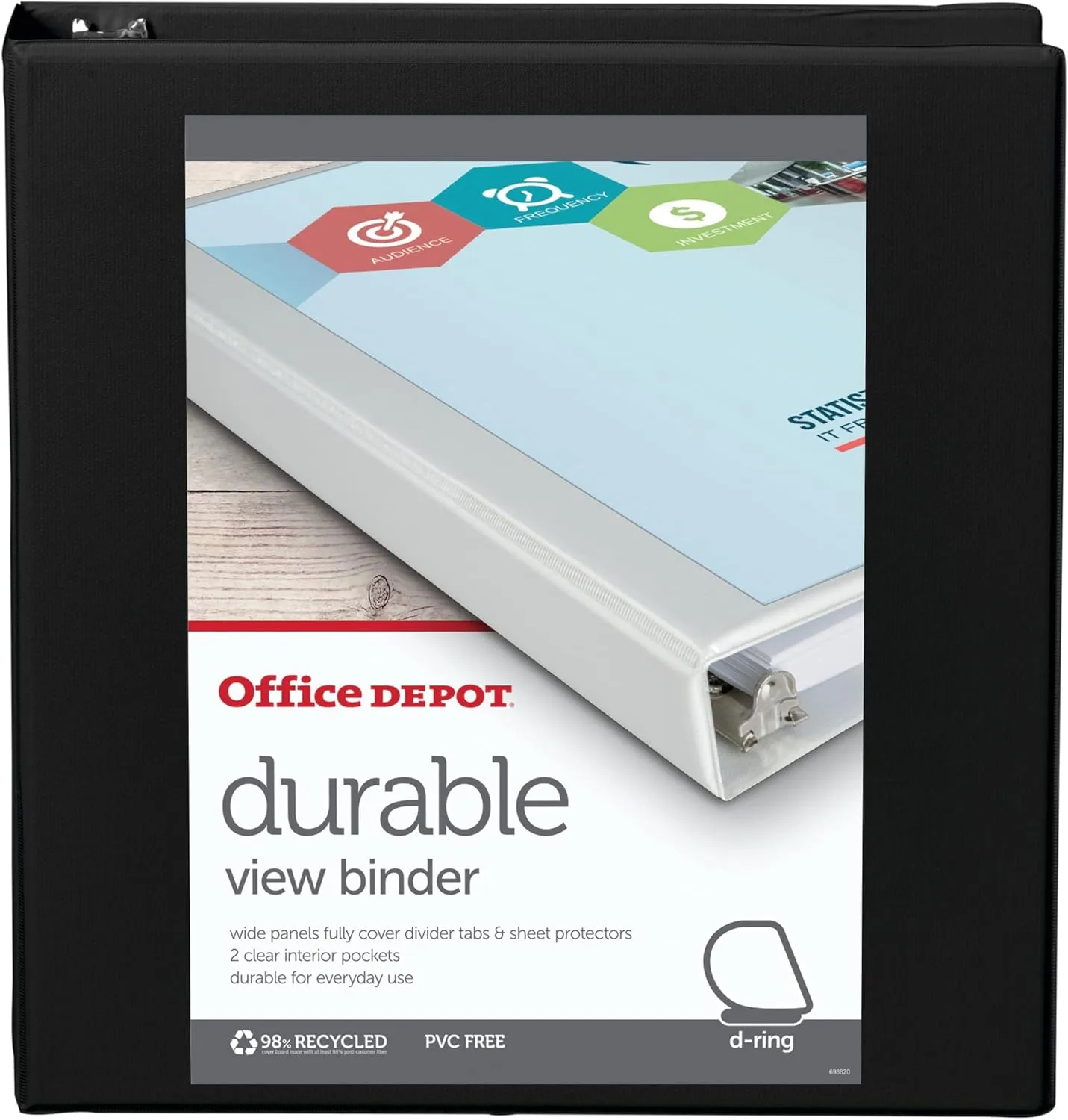 Office Depot® Brand Durable View D-Ring Binder, 1 1/2" Rings, 39% Recycled, Black