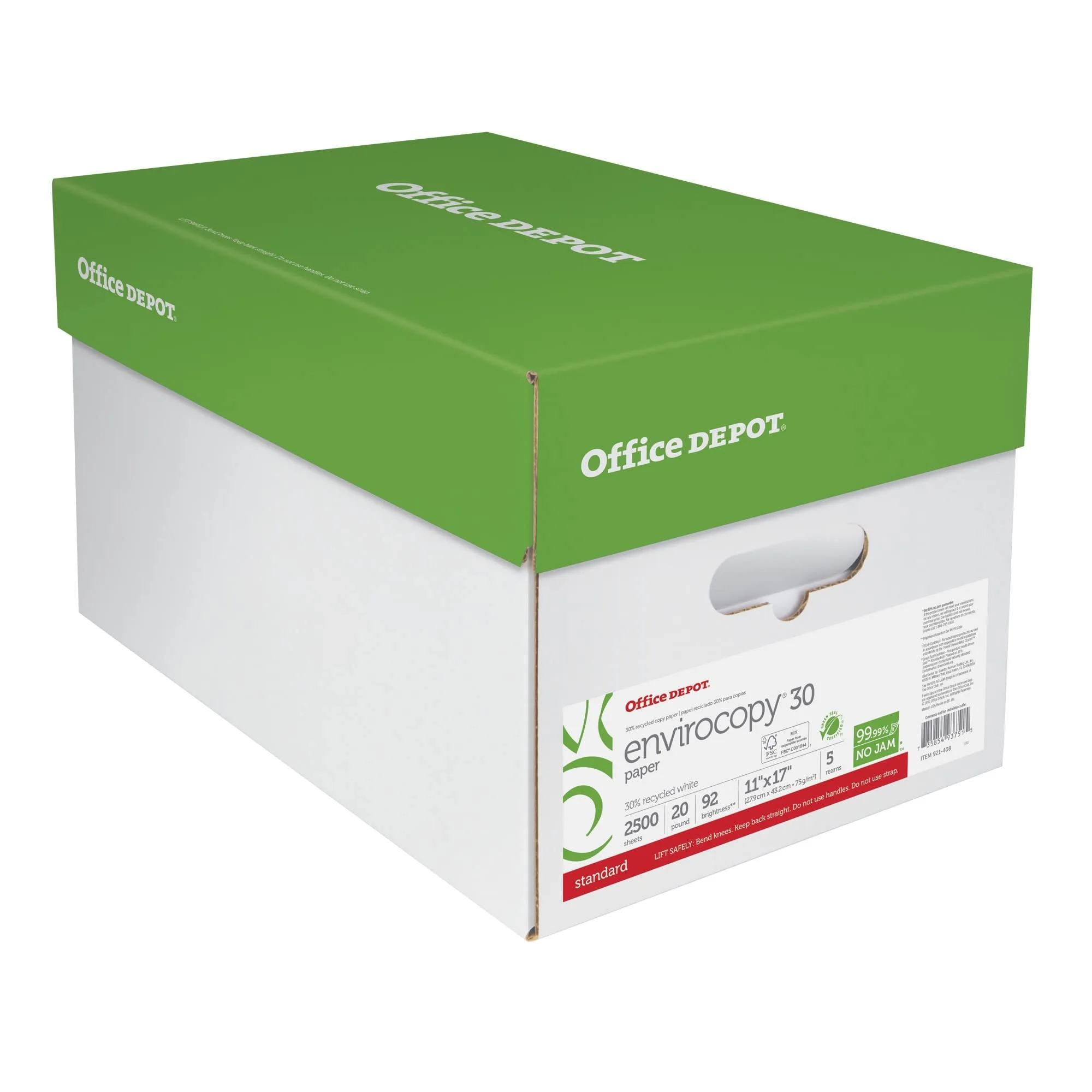 Office Depot EnviroCopy Copy Paper, 5 Reams, White, Ledger (11in x 17in), 2500 Sheets Per Case, 20 Lb, 30% Recycled