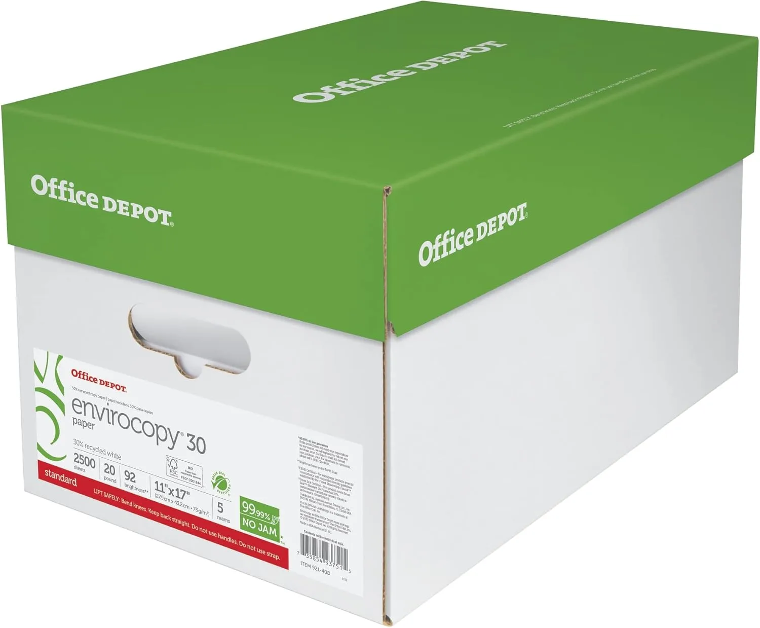 Office Depot EnviroCopy Copy Paper, 5 Reams, White, Ledger (11in x 17in), 2500 Sheets Per Case, 20 Lb, 30% Recycled