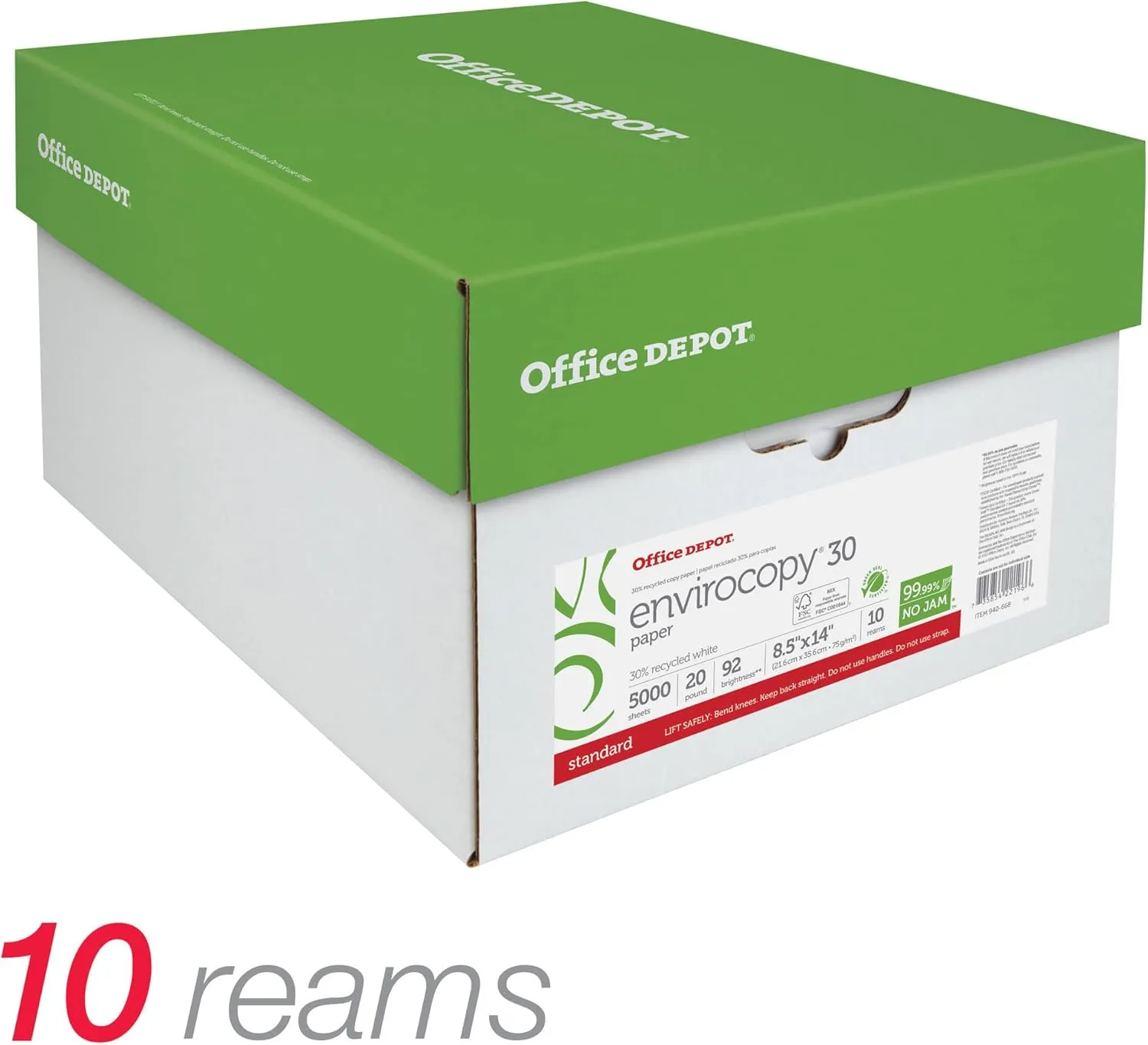 Office Depot EnviroCopy Copy Paper, 8.5 x 14 in, 20 lb, 10 Reams (5000 Sheets)