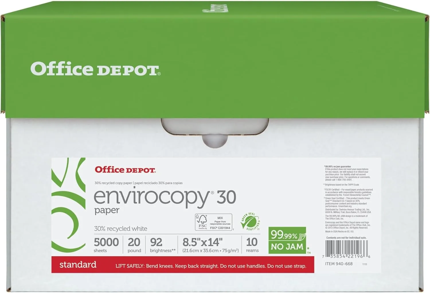 Office Depot EnviroCopy Copy Paper, 8.5 x 14 in, 20 lb, 10 Reams (5000 Sheets)