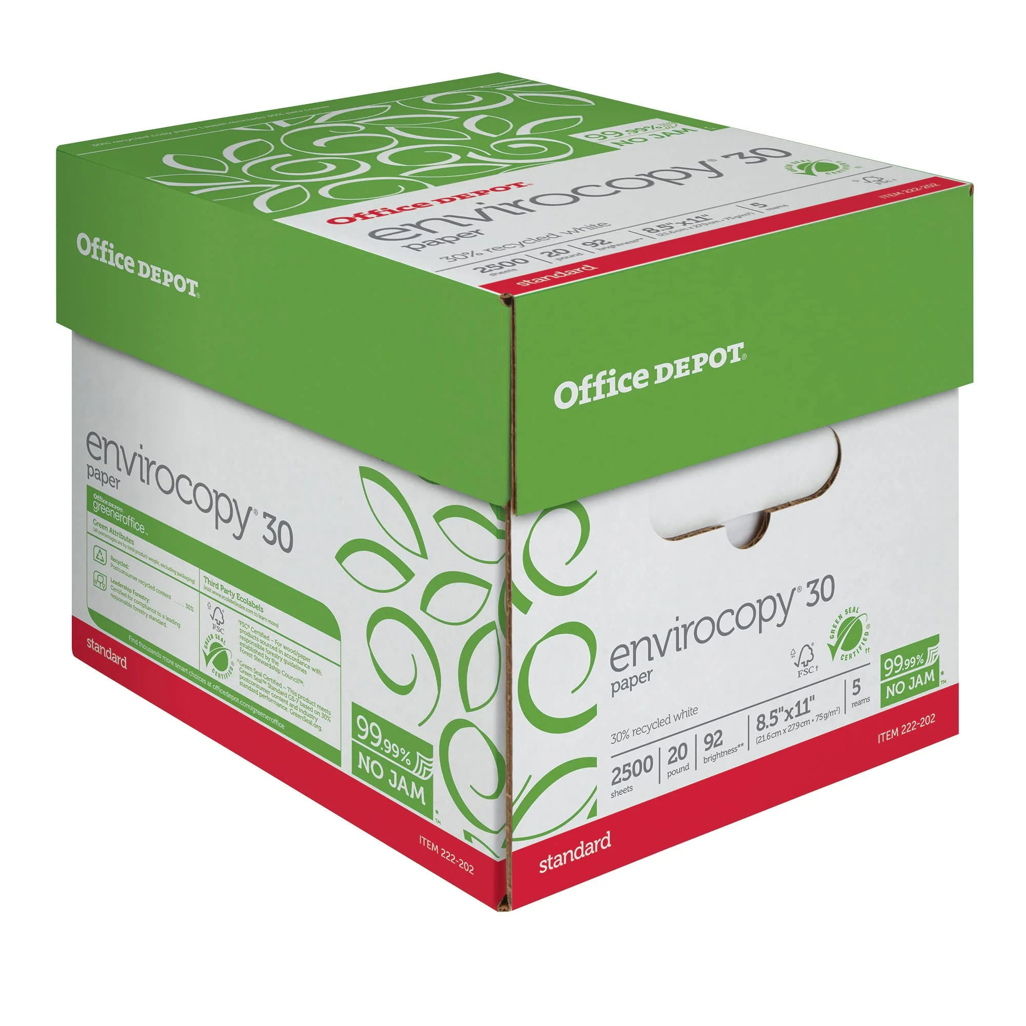 Office Depot EnviroCopy Copy Paper, 5 Reams, White, Letter (8.5in x 11in), 2500 Sheets Per Case, 20 Lb, 30% Recycled, FSC Certified