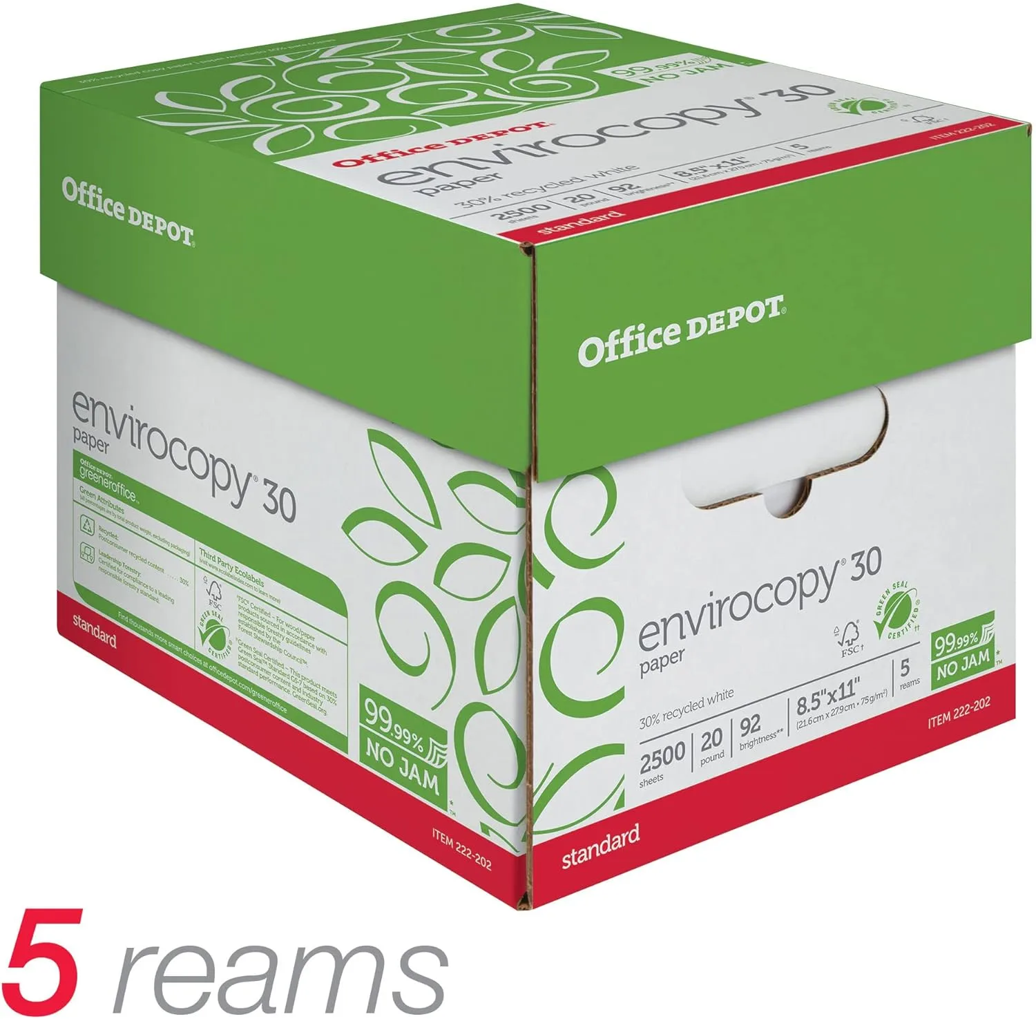 Office Depot EnviroCopy Copy Paper, 5 Reams, White, Letter (8.5in x 11in), 2500 Sheets Per Case, 20 Lb, 30% Recycled, FSC Certified