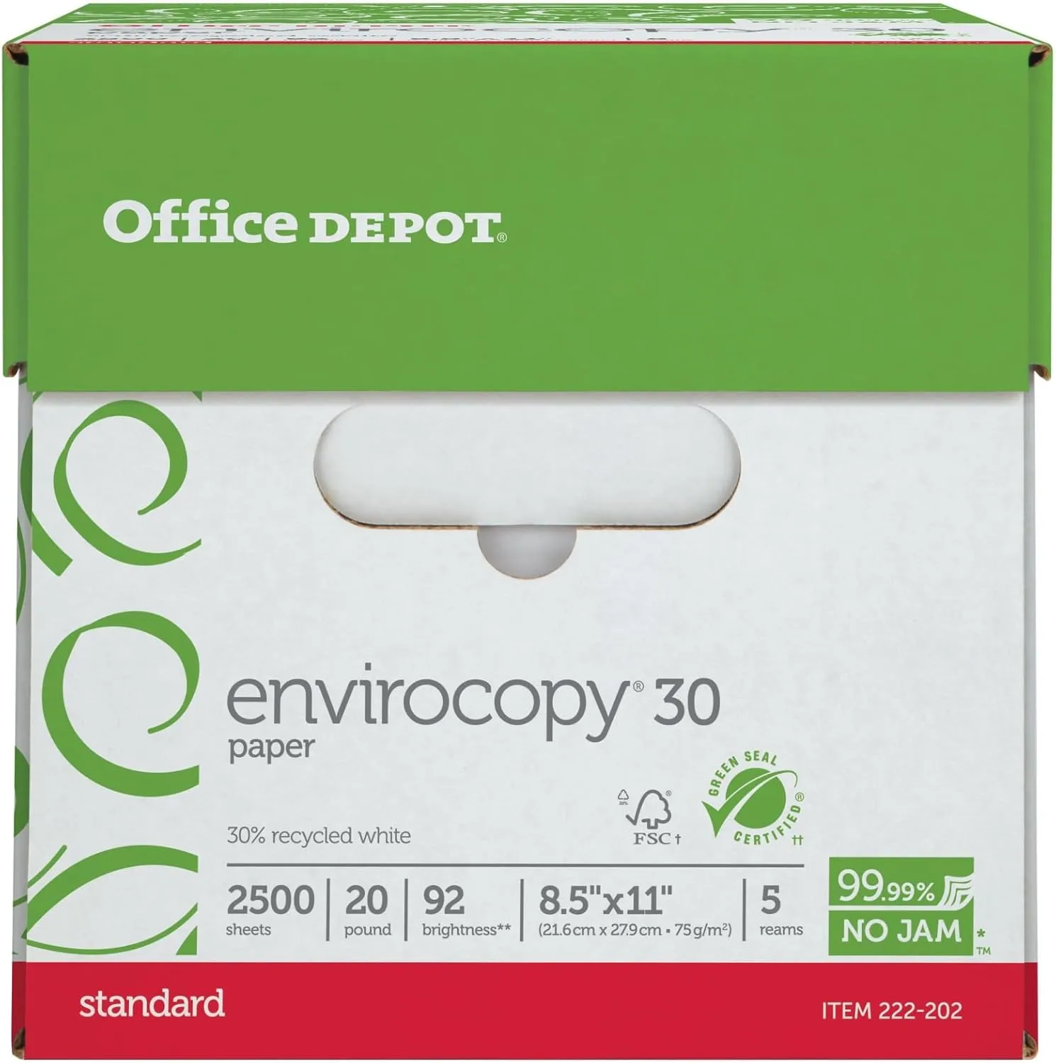 Office Depot EnviroCopy Copy Paper, 5 Reams, White, Letter (8.5in x 11in), 2500 Sheets Per Case, 20 Lb, 30% Recycled, FSC Certified